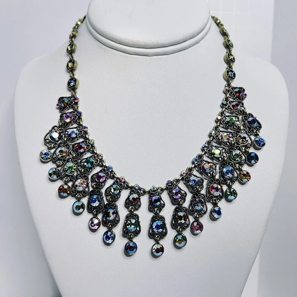 Kirks Folly Brass Tone And Multi Colored AB Rhinestone Bib Necklace (5995) - Picture 2 of 9